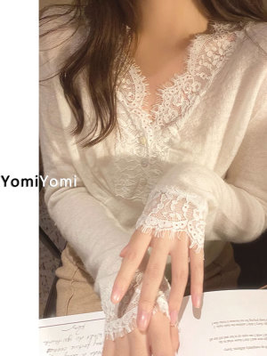 纯欲蕾丝打底针织衫女V领毛衣ins