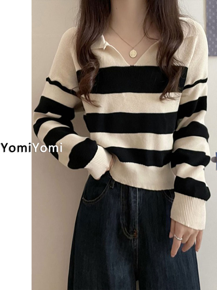 港风长袖打底针织衫女条纹上衣