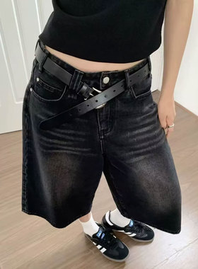 美式复古黑灰色牛仔短裤七分裤女款夏季大码胖mm宽松中裤直筒裤子