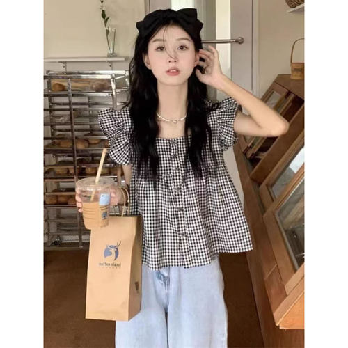 法式格子小飞袖衬衫女夏季大码