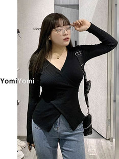 设计感上衣针织衫女春秋大码胖mm交叉v领打底衫港风修身长袖毛衣