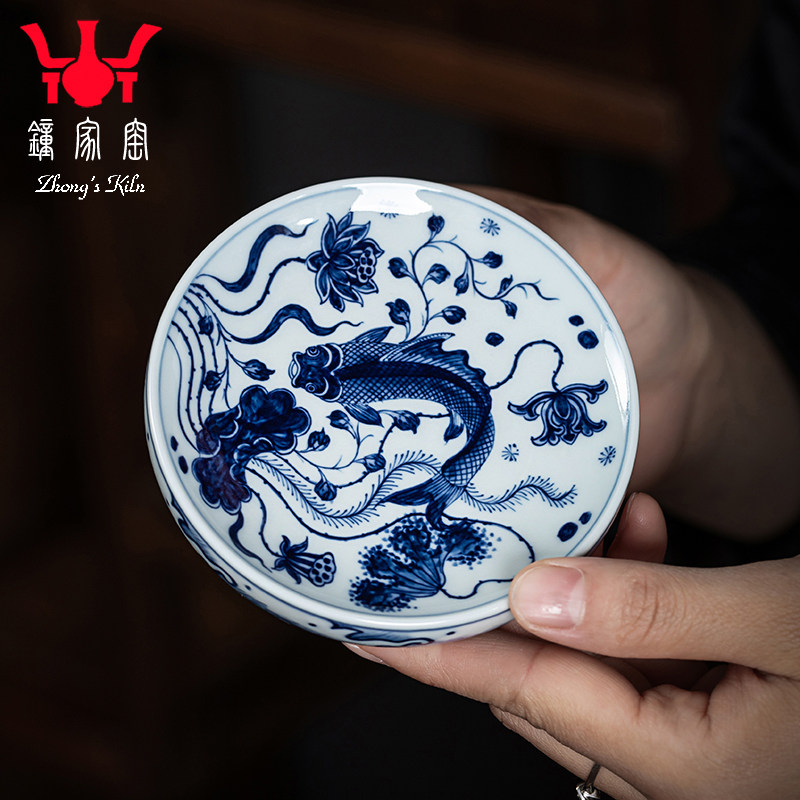 钟家窑陶瓷盖置 柴窑青花瓷手绘经典鱼藻纹壶盖托杯垫茶垫茶盖置