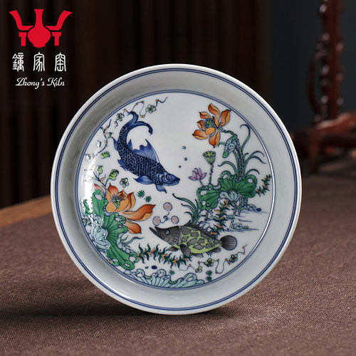 钟家窑陶瓷壶承景德镇柴窑青花斗彩手绘描金鱼藻干泡台茶盘养壶托