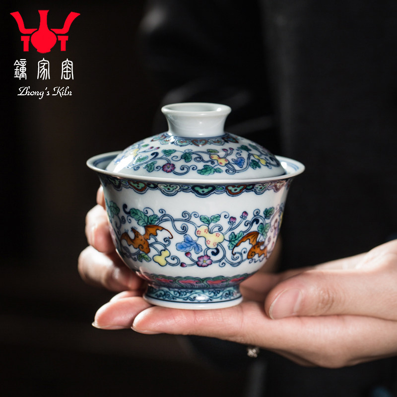 钟家单个高档盖碗 景德镇柴窑青花斗彩缠枝五福二才工夫茶泡茶碗,餐饮具,盖碗,淘宝优惠券,粉丝福利购,淘宝优惠卷