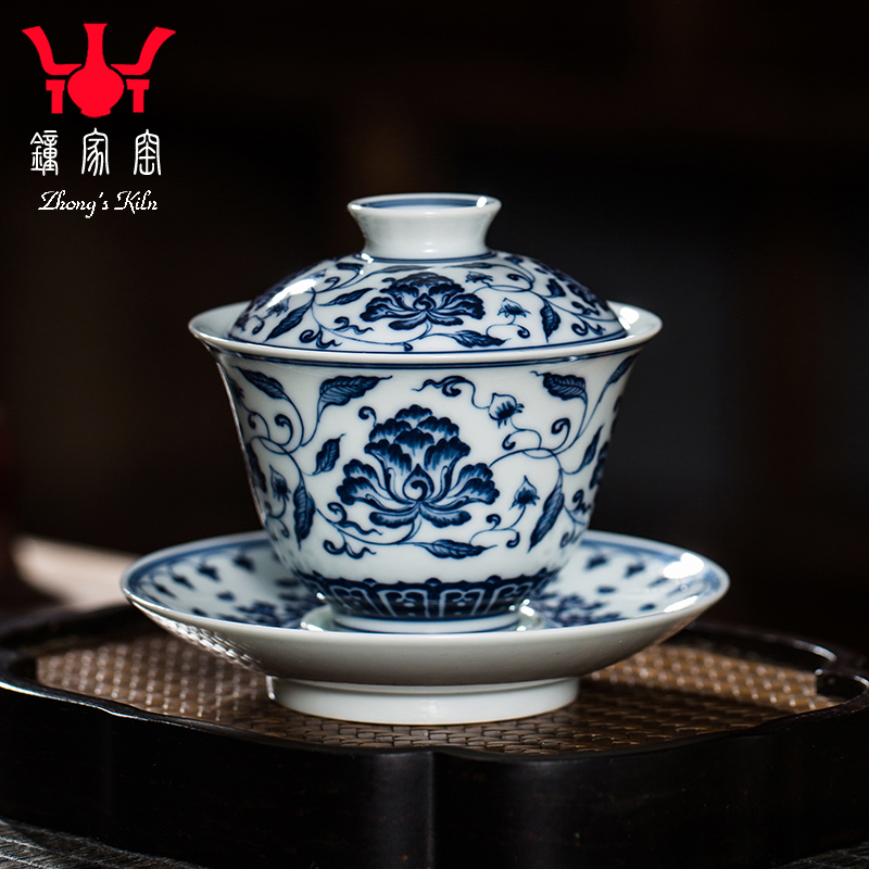钟家单个高档盖碗景德镇茶具柴窑青花手绘牡丹拓水三才泡茶碗茶杯