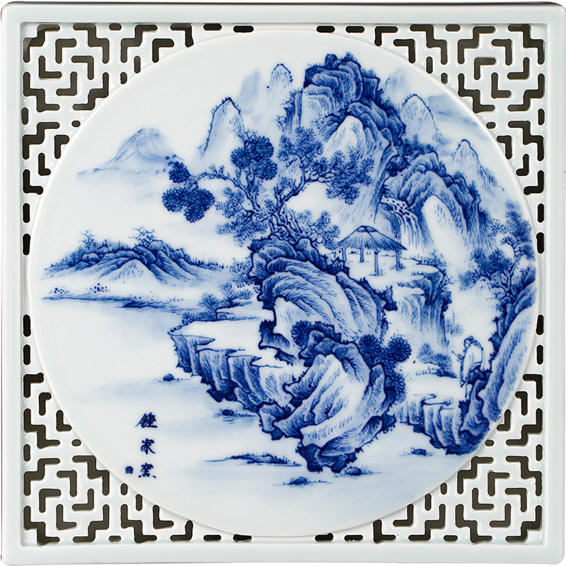 钟家窑陶瓷茶盘 柴窑青花手绘山水干泡台小型中式高档壶承盖碗托