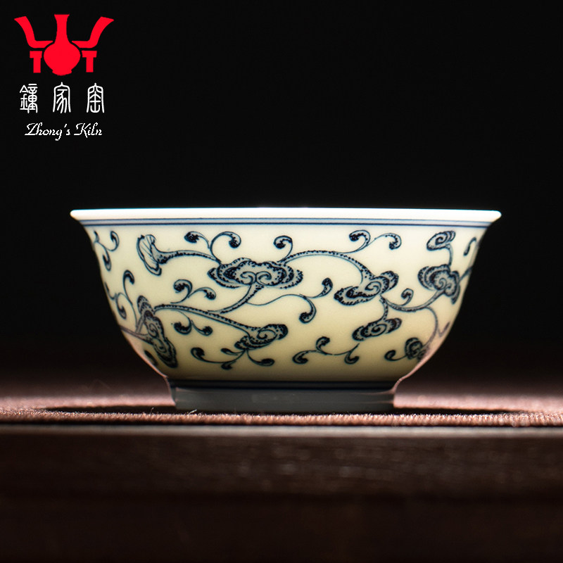 钟家窑小茶杯景德镇柴窑青花手绘灵芝花纹陶瓷小号客杯功夫茶品杯