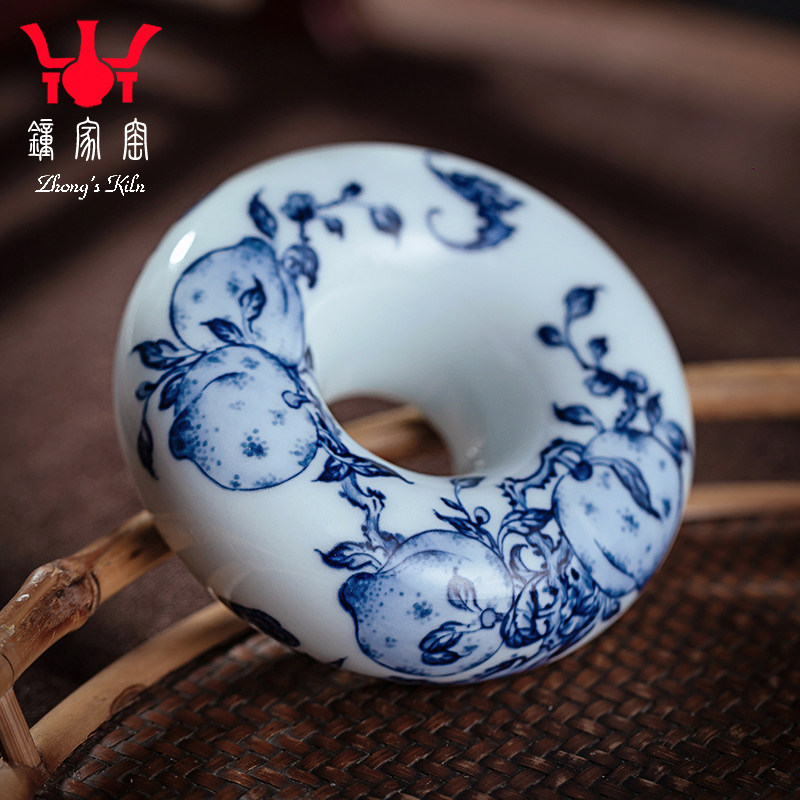 钟家窑陶瓷茶盖置 景德镇柴窑青花手绘点工寿桃甜甜圈壶盖置盖托