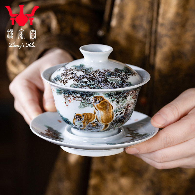 钟家窑窑主钟辉老师手绘粉彩《金猴献瑞》三才盖碗 景德镇泡茶碗