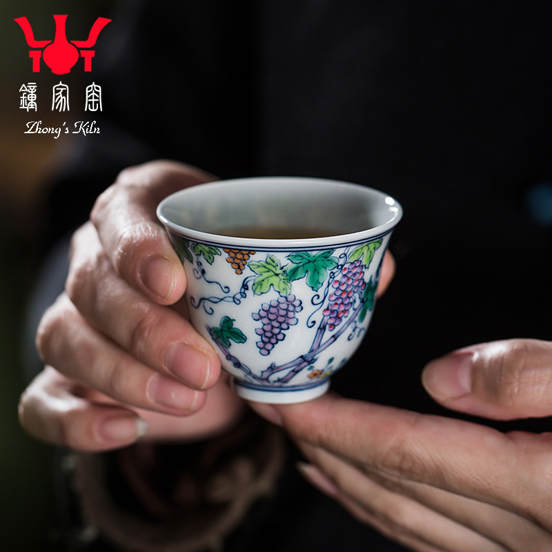 钟家窑主人杯单杯景德镇柴窑青花手绘斗彩葡萄铃铛杯个人功夫茶具,餐饮具,茶杯,淘宝优惠券,粉丝福利购,淘宝优惠卷