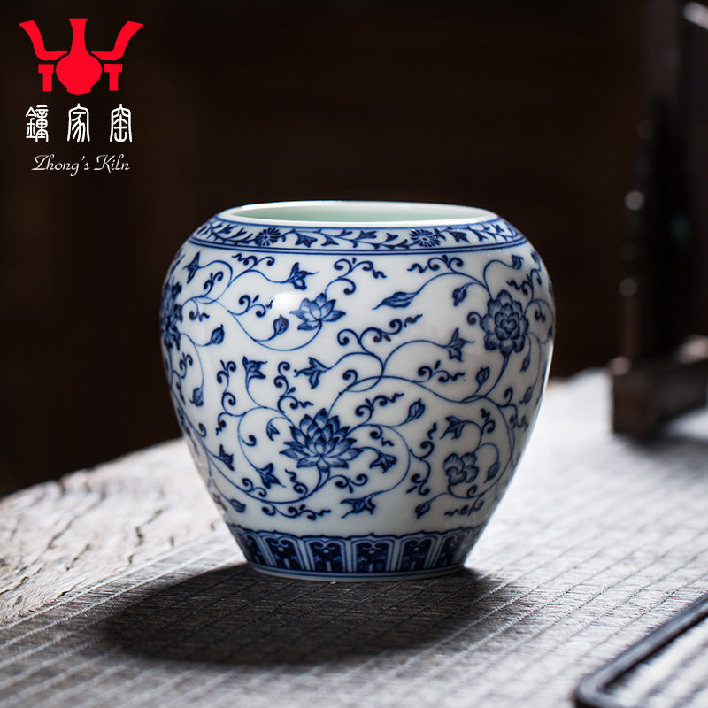 钟家窑茶洗大号笔洗青花柴窑缠枝纹家用水洗水盂装洗茶杯盆的器皿