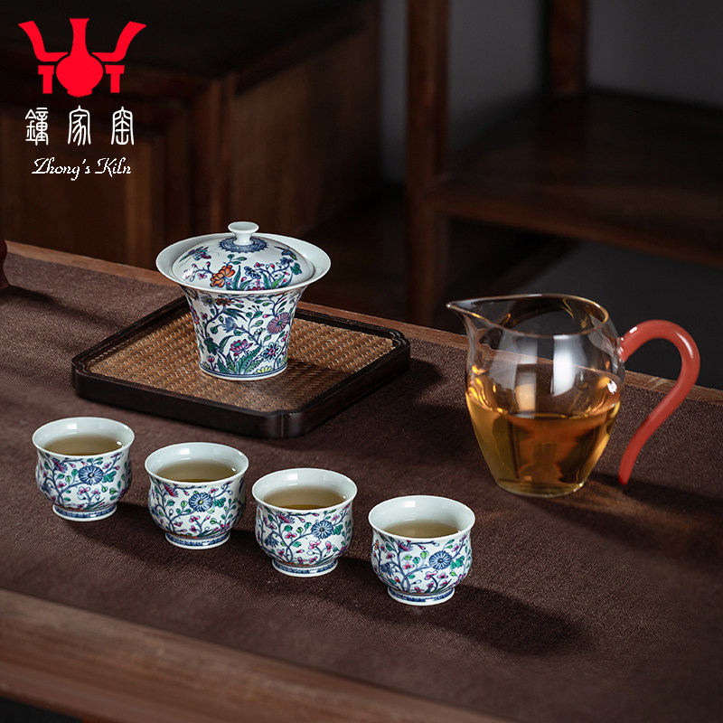 钟家窑轻奢高档茶具套装景德镇柴窑青花斗彩春意盎然盖碗茶杯套组