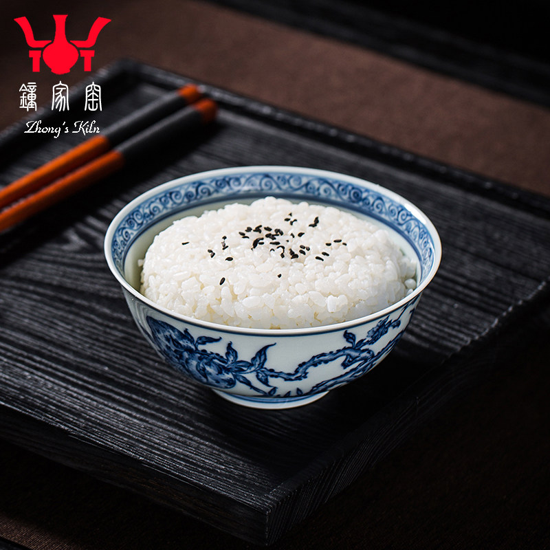 钟家窑柴窑青花5寸饭碗 景德镇陶瓷碗小号汤碗面碗家用福寿连绵碗