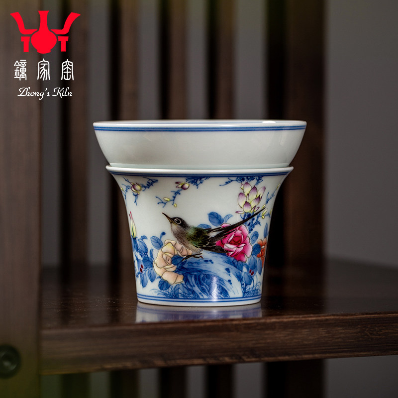 钟家窑陶瓷茶滤 景德镇名师万海华老师手绘柴窑青花斗彩花鸟茶漏