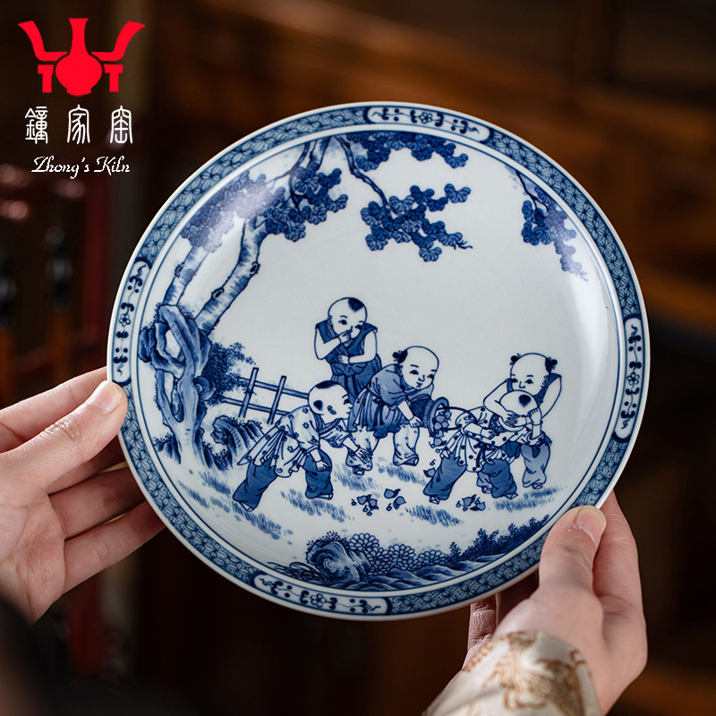 钟家窑陶瓷壶承 景德镇柴窑青花手绘五子婴戏图人物干泡盖碗壶承