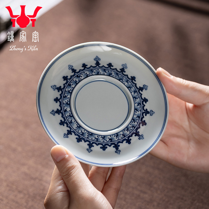 钟家窑陶瓷杯垫景德镇柴窑青花手绘蝶翼纹大号杯托杯蝶功夫茶配件