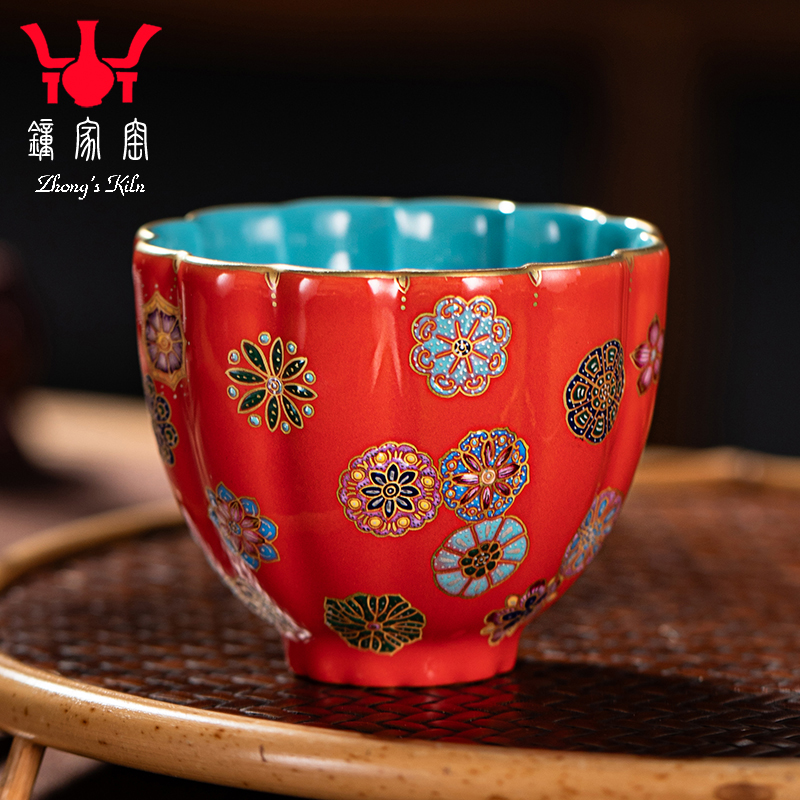 钟家窑高档主人杯单杯景德镇手工手绘红地松石绿描金皮球花菊瓣杯
