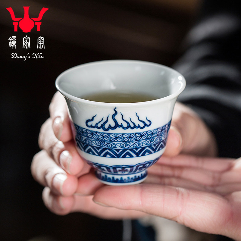 钟家窑陶瓷茶杯 柴窑青花手绘国风系列火焰花纹杯小号铃铛杯客杯,餐饮具,茶杯,淘宝优惠券,粉丝福利购,淘宝优惠卷