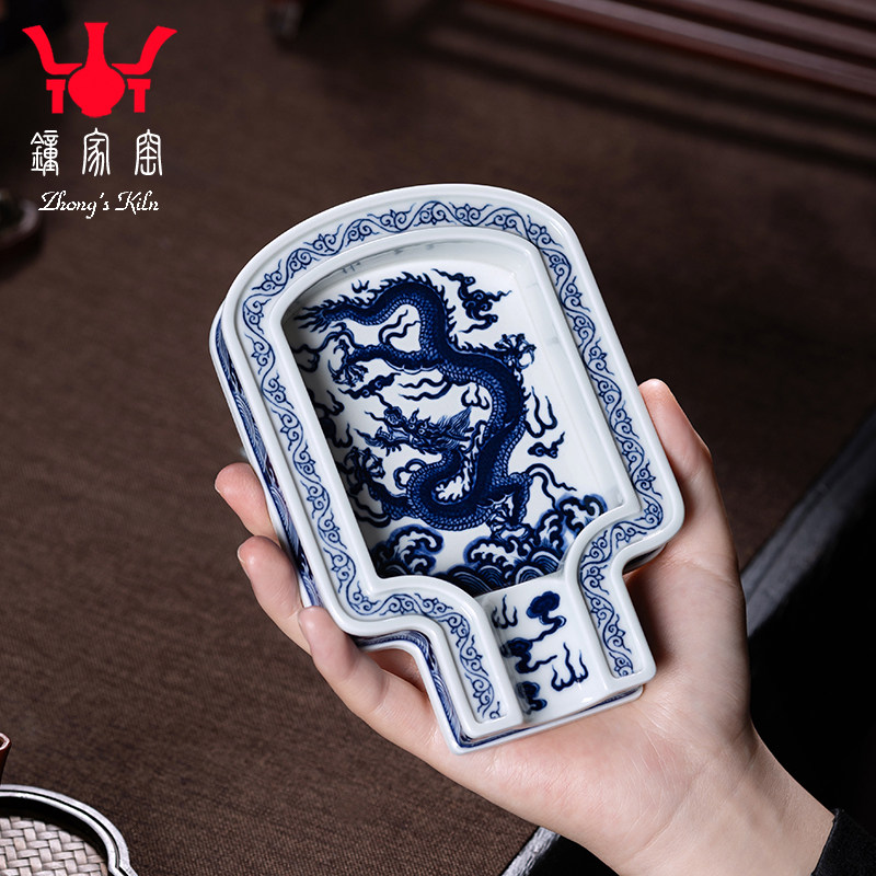 钟家窑陶瓷创意烟灰缸家用 景德镇柴窑青花手绘海浪云龙纹雪茄缸