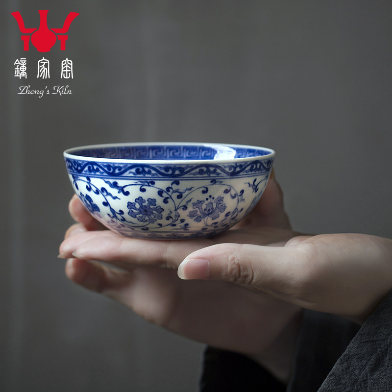 钟家窑青花柴窑内外缠枝卧足功夫茶杯主人杯品茗杯景德镇陶瓷茶具