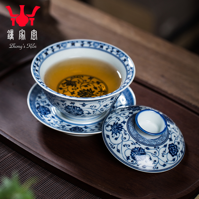 钟家窑手绘青花景德镇田园风盖碗