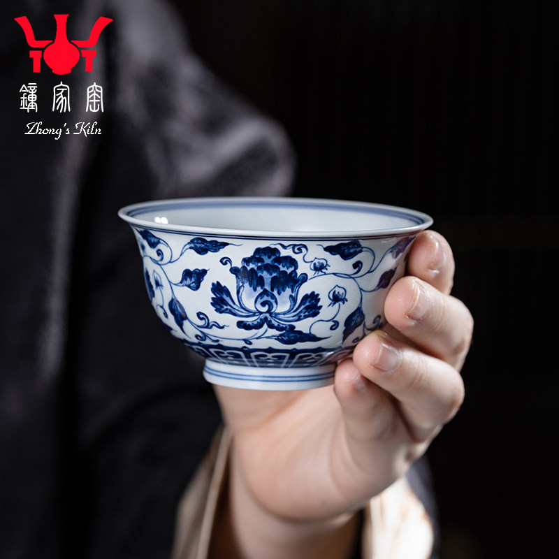 钟家窑茶杯景德镇柴窑青花手绘拓水牡丹撇口杯功夫茶具主人杯茶器