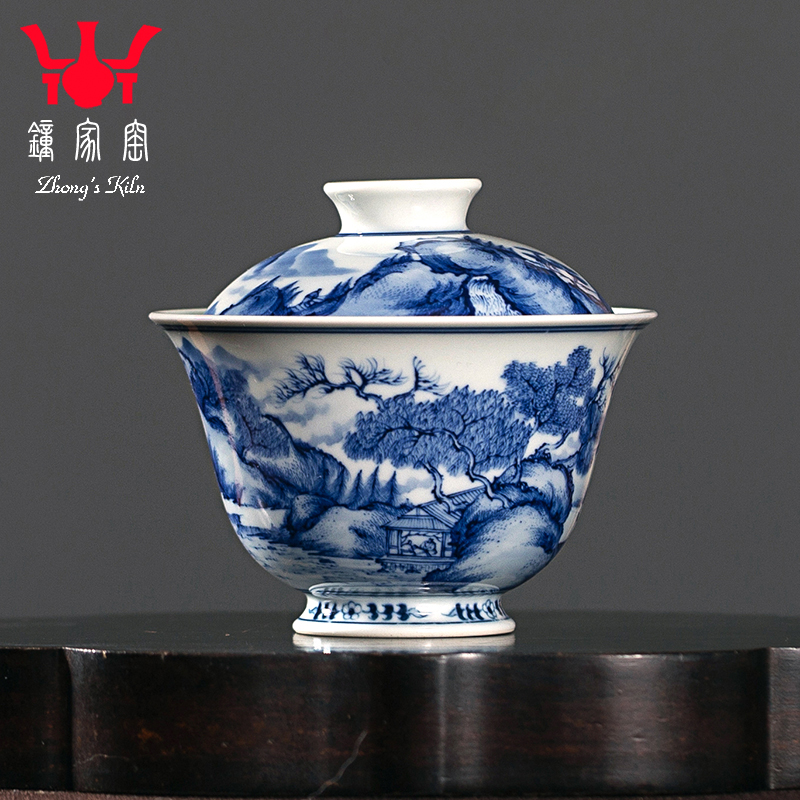 钟家窑盖碗柴窑青花手绘山水图