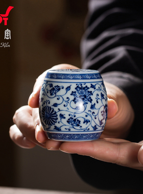  钟家窑陶瓷盖置景德镇青花柴窑手绘缠枝花纹实心鼓型盖托茶配件