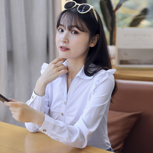 白衬衫女韩范衬衣春秋新款长袖职业V领工装修身职业工作服白寸衫