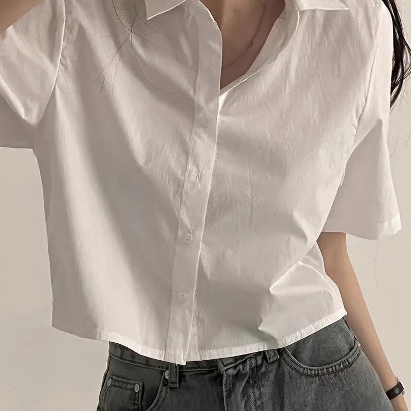 米白色翻领短袖衬衫女夏季新款