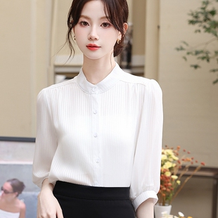 免烫中袖白衬衫女士夏季抗驺缎面衬衣高端气质上衣洋气时尚薄款