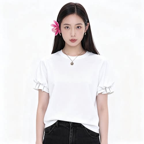 姚领休闲风白色短袖T恤女收褶喇叭袖圆领减龄上衣833M20152