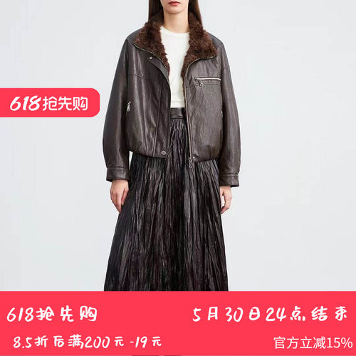 姚领YAOLY复古机车风毛领皮衣加绒保暖外套通勤廓形夹克863M42642