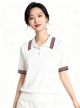姚领韩系学院风撞色polo领针织短袖女百搭显瘦上衣891M24024