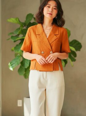姚领复古小香风双排扣短外套女橙色显瘦通勤西装领上衣841H22205