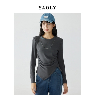 姚领圆领简约不规则设计感上衣长袖 打底衫 832K10791 航妈专享