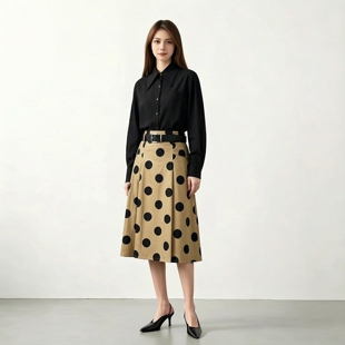姚领复古波点半身裙女高腰系带A字长裙优雅显瘦百搭裙子825H32081