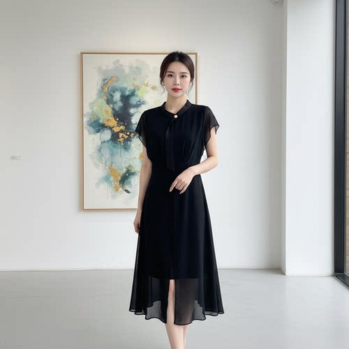 姚领轻熟优雅风黑色连衣裙夏系带收腰显瘦A字中长裙高级854H21994