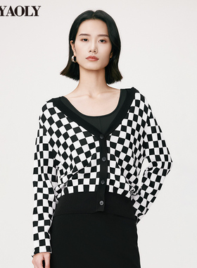 【航妈专享】开衫V领开衫女式针织衫格纹长袖单排扣871F36031