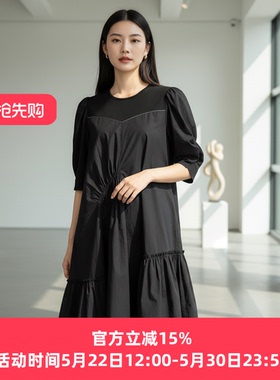 YAOLY姚领极简风黑色连衣裙泡泡袖荷叶边854H10514