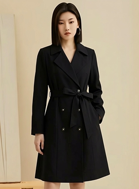 姚领YAOLY优雅黑色西装领双排扣风衣中长款系带收腰外套842K12573