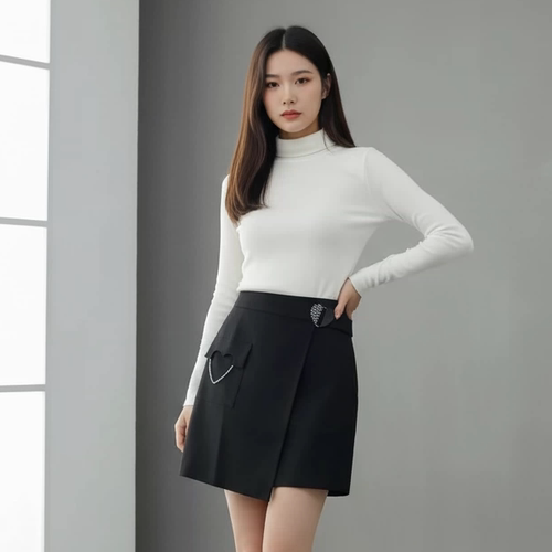 姚领黑色半身裙女短裙不对称设计高腰显瘦包臀裙821M35138