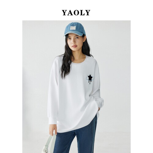YAOLY姚领长袖宽松T恤纯棉贴布女士圆领832K10421