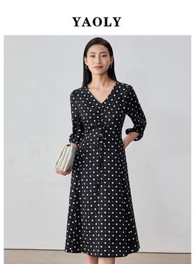 【航妈专享】姚领YAOLY波点长裙新款连衣裙长袖通勤简约854K11412