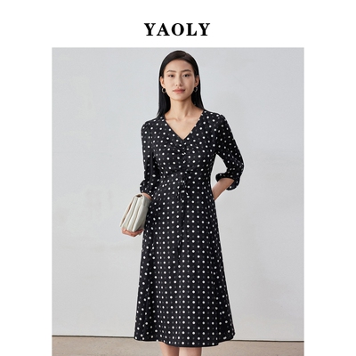 【航妈专享】姚领YAOLY波点长裙新款连衣裙长袖通勤简约854K11412