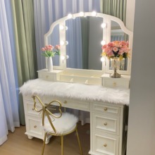 美式全实木梳妆台卧室轻奢高级感带灯收纳led大镜子奶油风化妆桌