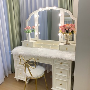 美式全实木梳妆台卧室轻奢高级感带灯收纳led大镜子奶油风化妆桌