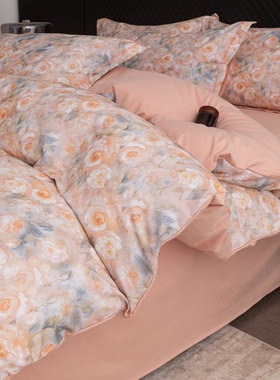 卧室高级感纯棉磨毛四件套淡黄色印花A类纯棉加厚床品套件1.21.5m