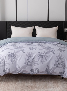 秋冬款全棉磨毛被套单件田园叶子印花灰蓝色纯棉AB版被罩双人2米3