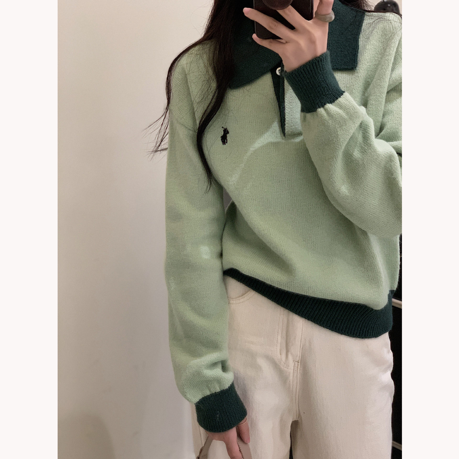 韩版撞色拼接POLO领刺绣套头百搭个性毛衣女2022秋新款上衣